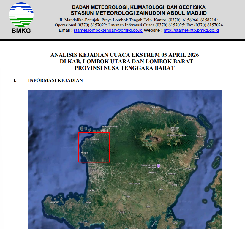 ANALISIS KEJADIAN CUACA EKSTREM 05 APRIL 2026 DI KAB. LOMBOK UTARA DAN LOMBOK BARAT PROVINSI NUSA TENGGARA BARAT