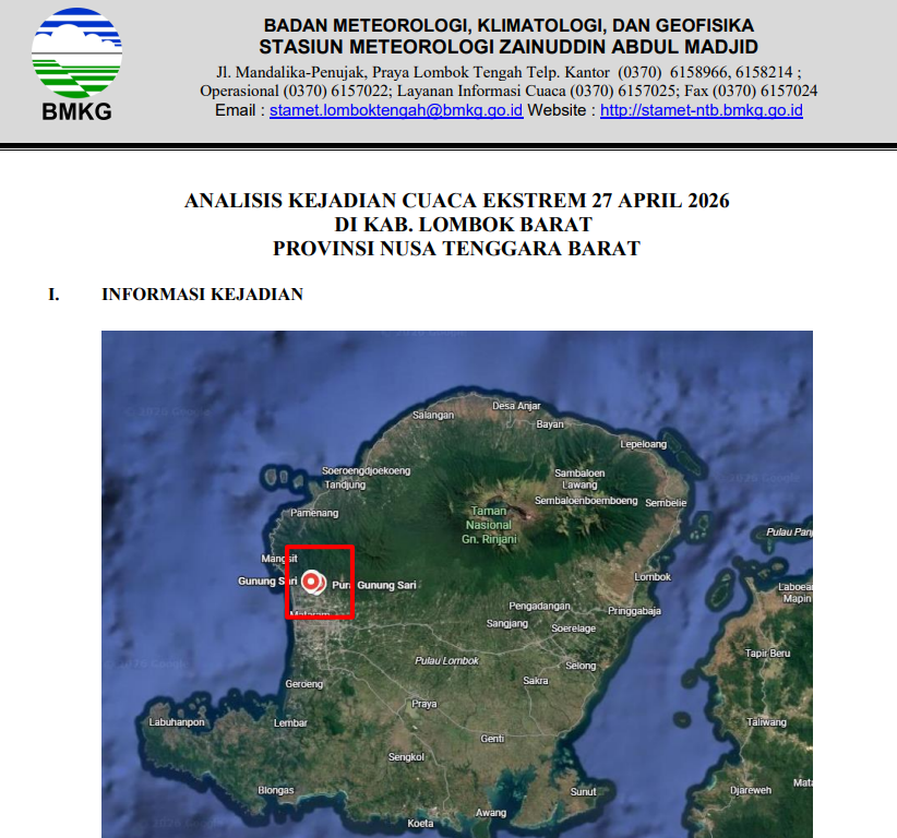 ANALISIS KEJADIAN CUACA EKSTREM 27 APRIL 2026 DI KAB. LOMBOK BARAT PROVINSI NUSA TENGGARA BARAT